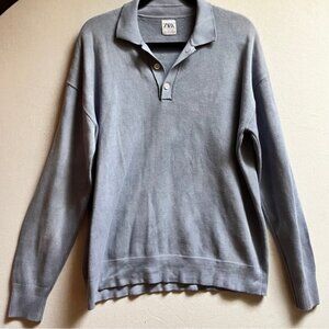 Zara Men's Dusty Blue Viscose Blend Long Sleeve Polo Sweater - Size L